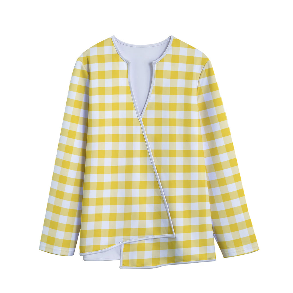 Yellow And White Gingham Pattern Print Long Sleeve Short Coat