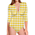 Yellow And White Gingham Pattern Print Long Sleeve Swimsuit
