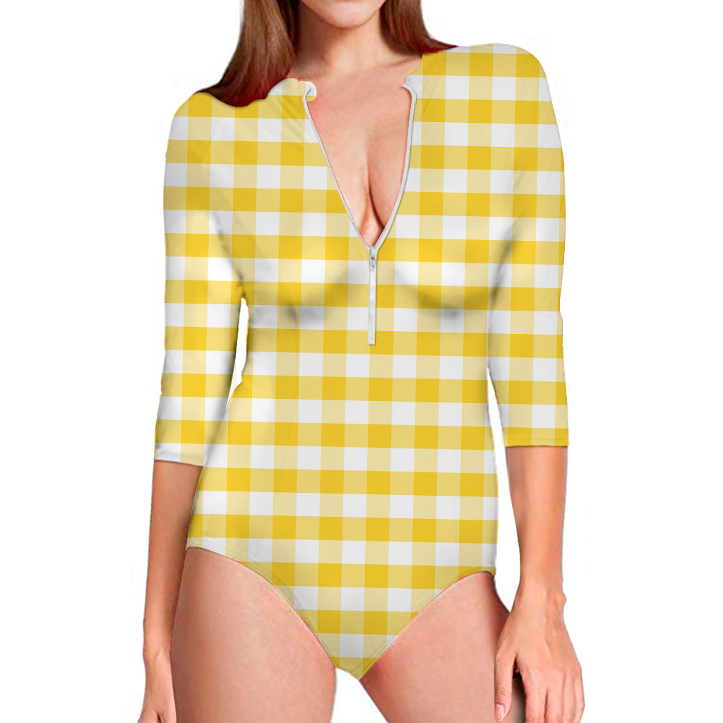 Yellow And White Gingham Pattern Print Long Sleeve Swimsuit