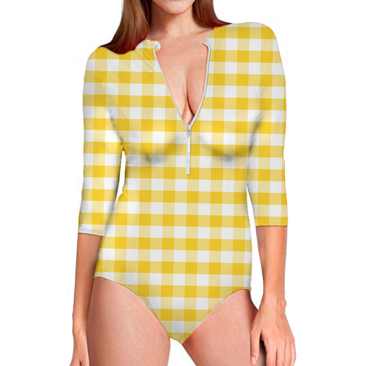 Yellow And White Gingham Pattern Print Long Sleeve Swimsuit