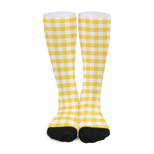 Yellow And White Gingham Pattern Print Long Socks