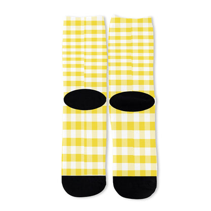 Yellow And White Gingham Pattern Print Long Socks