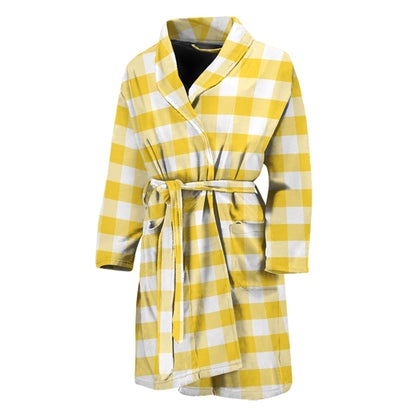 Yellow And White Gingham Pattern Print Men's Bathrobe