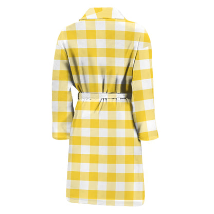Yellow And White Gingham Pattern Print Men's Bathrobe