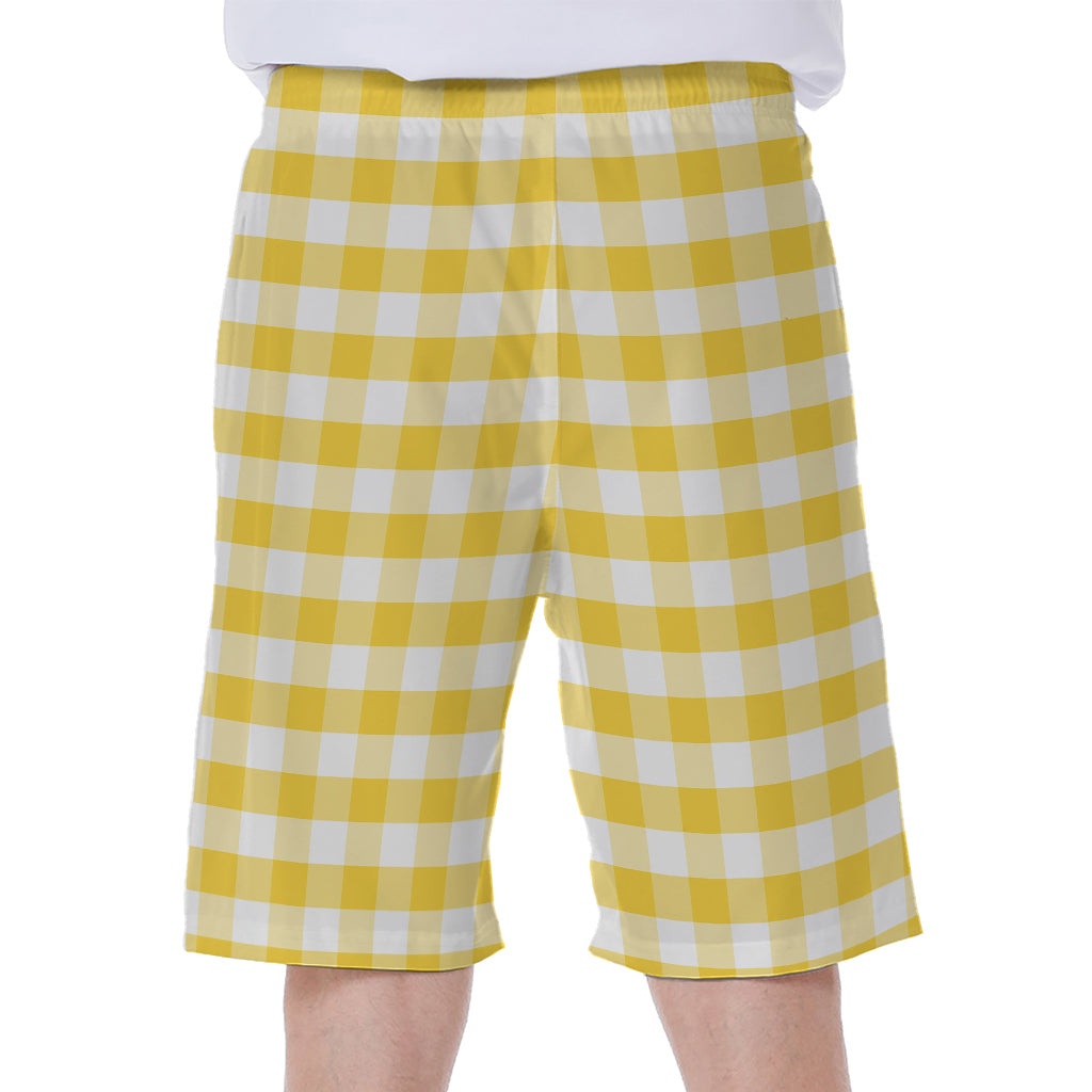 Yellow And White Gingham Pattern Print Men's Beach Shorts