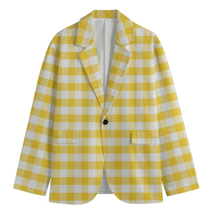Yellow And White Gingham Pattern Print Men's Blazer