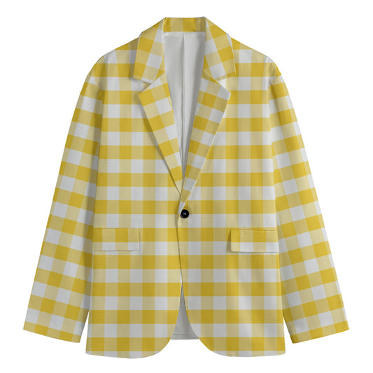 Yellow And White Gingham Pattern Print Men's Blazer