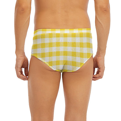 Yellow And White Gingham Pattern Print Men's Briefs