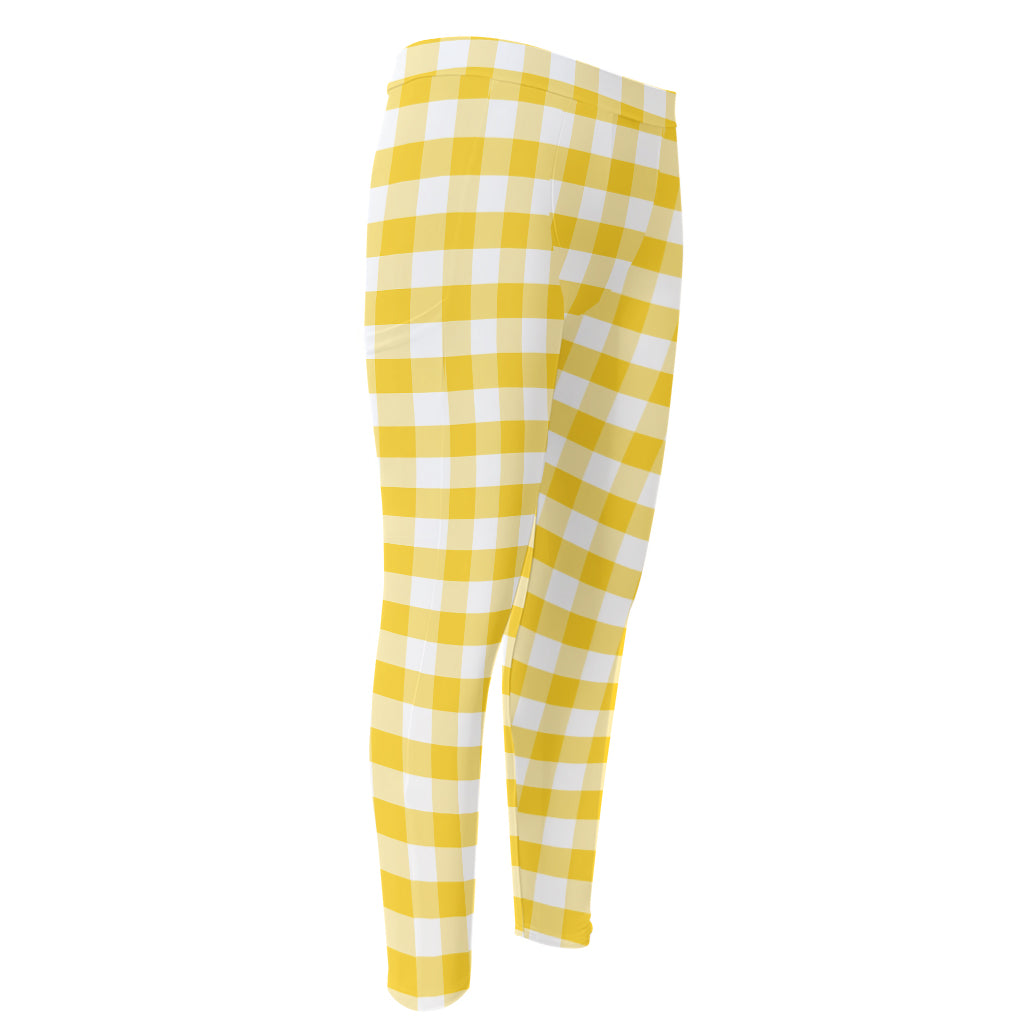 Yellow And White Gingham Pattern Print Men's Compression Pants