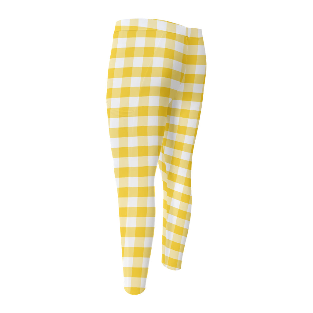 Yellow And White Gingham Pattern Print Men's Compression Pants