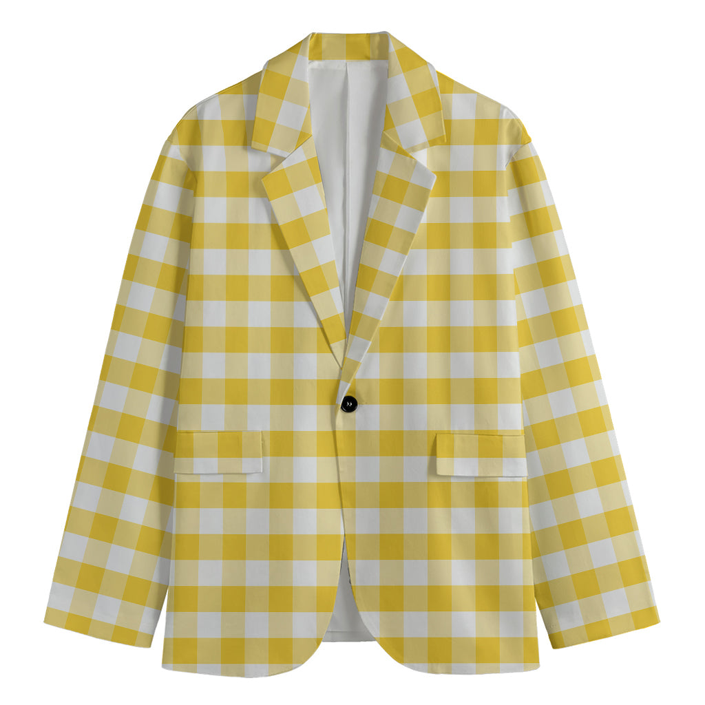 Yellow And White Gingham Pattern Print Men's Cotton Blazer