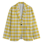 Yellow And White Gingham Pattern Print Men's Cotton Blazer