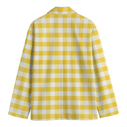 Yellow And White Gingham Pattern Print Men's Cotton Blazer