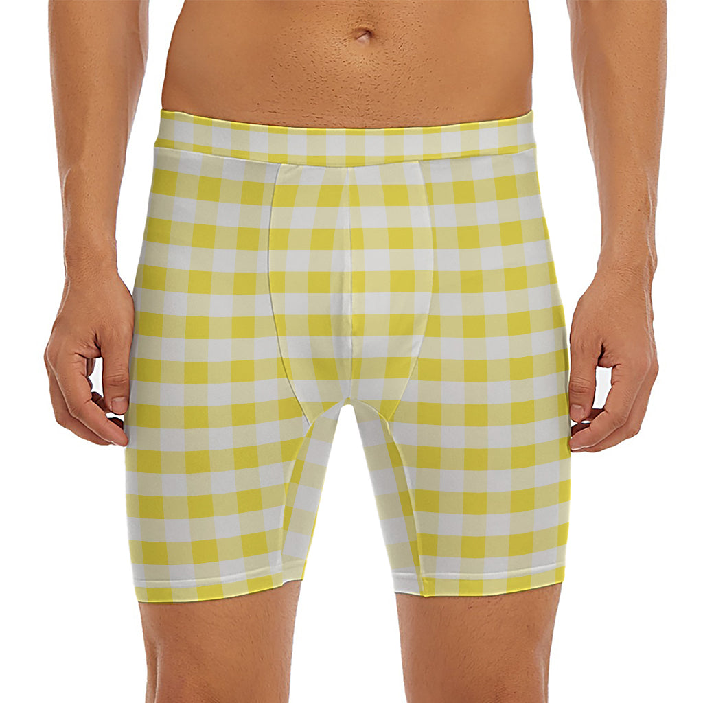 Yellow And White Gingham Pattern Print Men's Long Boxer Briefs