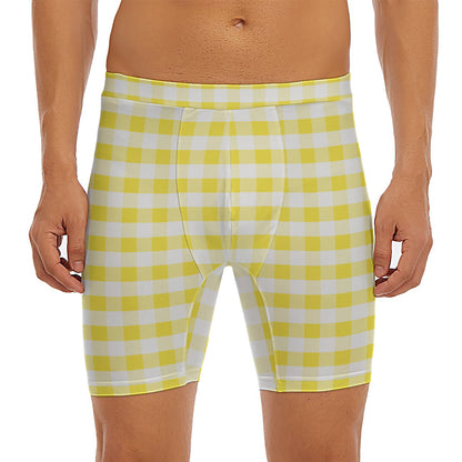 Yellow And White Gingham Pattern Print Men's Long Boxer Briefs