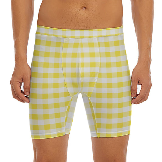 Yellow And White Gingham Pattern Print Men's Long Boxer Briefs