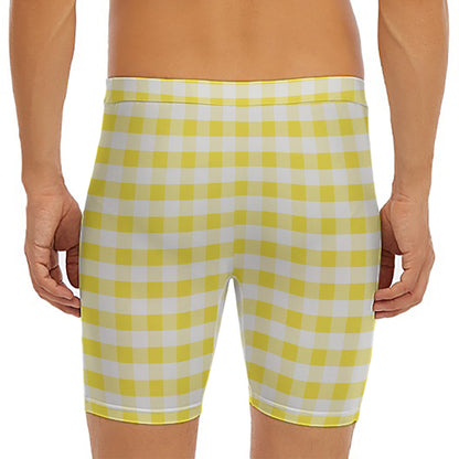 Yellow And White Gingham Pattern Print Men's Long Boxer Briefs