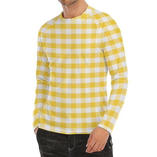 Yellow And White Gingham Pattern Print Men's Long Sleeve Rash Guard