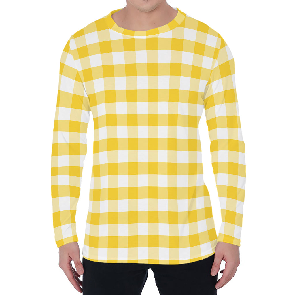 Yellow And White Gingham Pattern Print Men's Long Sleeve T-Shirt