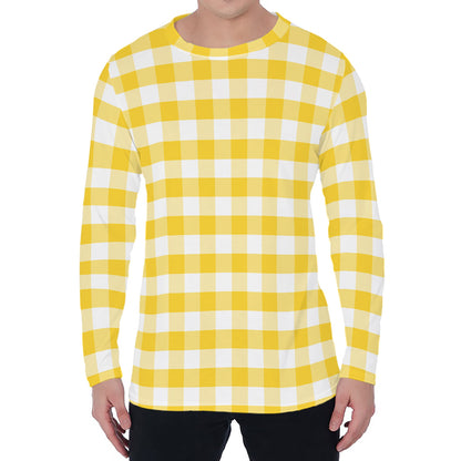 Yellow And White Gingham Pattern Print Men's Long Sleeve T-Shirt