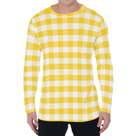 Yellow And White Gingham Pattern Print Men's Long Sleeve T-Shirt