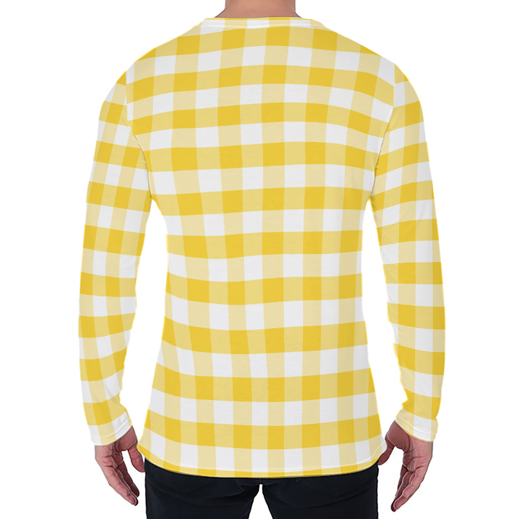 Yellow And White Gingham Pattern Print Men's Long Sleeve T-Shirt