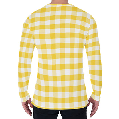 Yellow And White Gingham Pattern Print Men's Long Sleeve T-Shirt