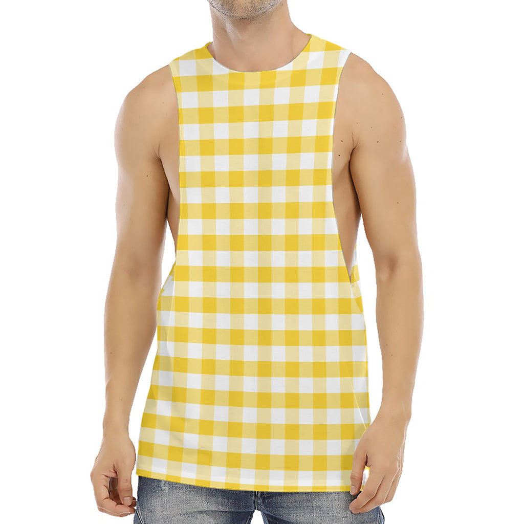 Yellow And White Gingham Pattern Print Men's Muscle Tank Top