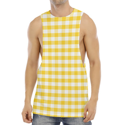 Yellow And White Gingham Pattern Print Men's Muscle Tank Top