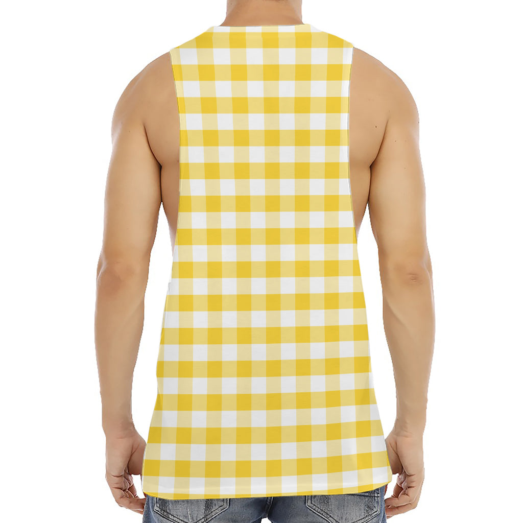 Yellow And White Gingham Pattern Print Men's Muscle Tank Top
