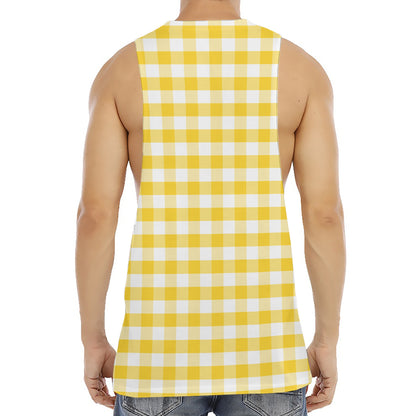 Yellow And White Gingham Pattern Print Men's Muscle Tank Top