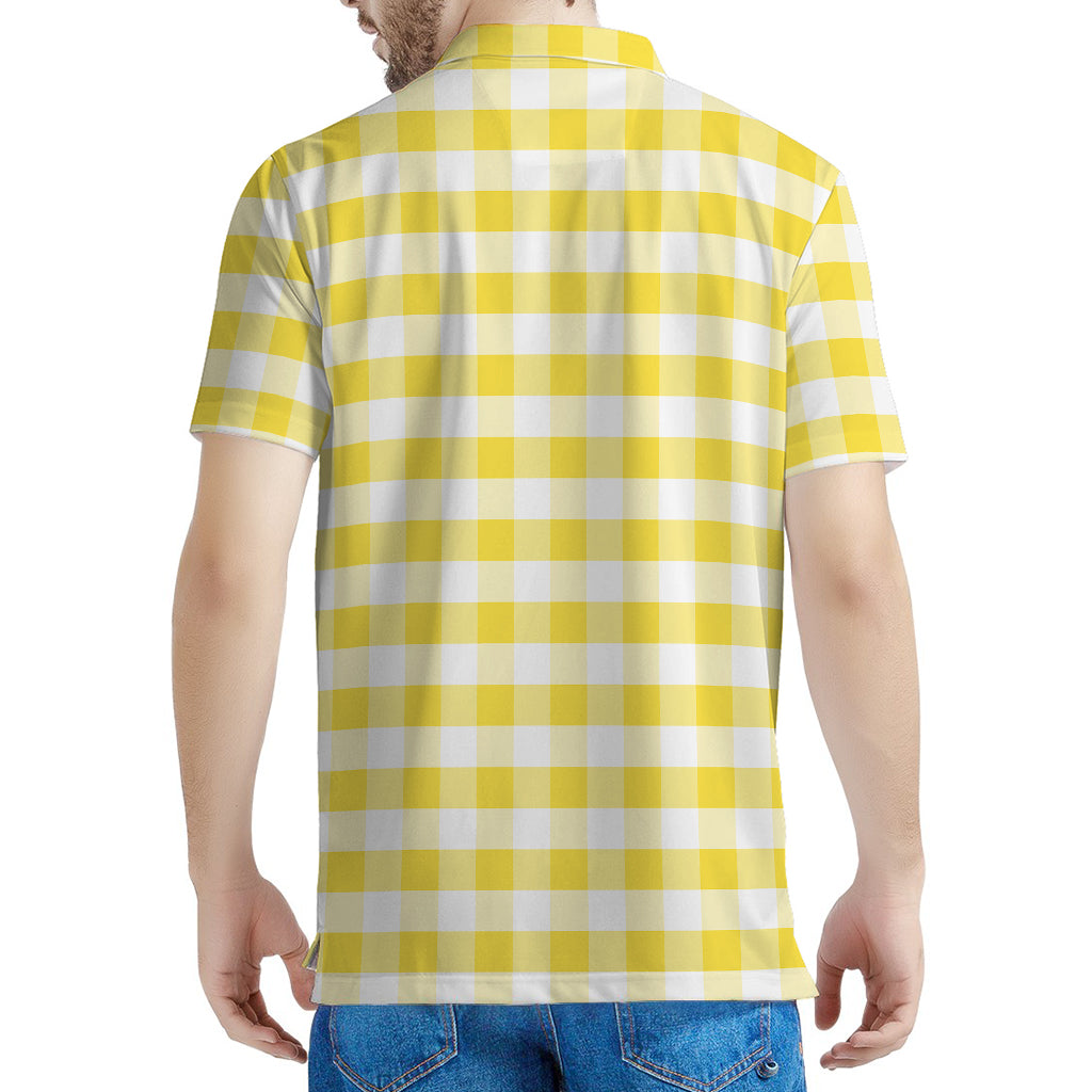 Yellow And White Gingham Pattern Print Men's Polo Shirt