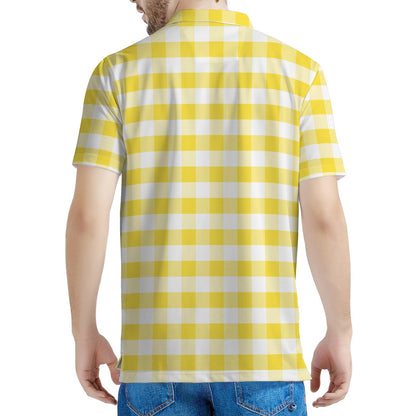 Yellow And White Gingham Pattern Print Men's Polo Shirt