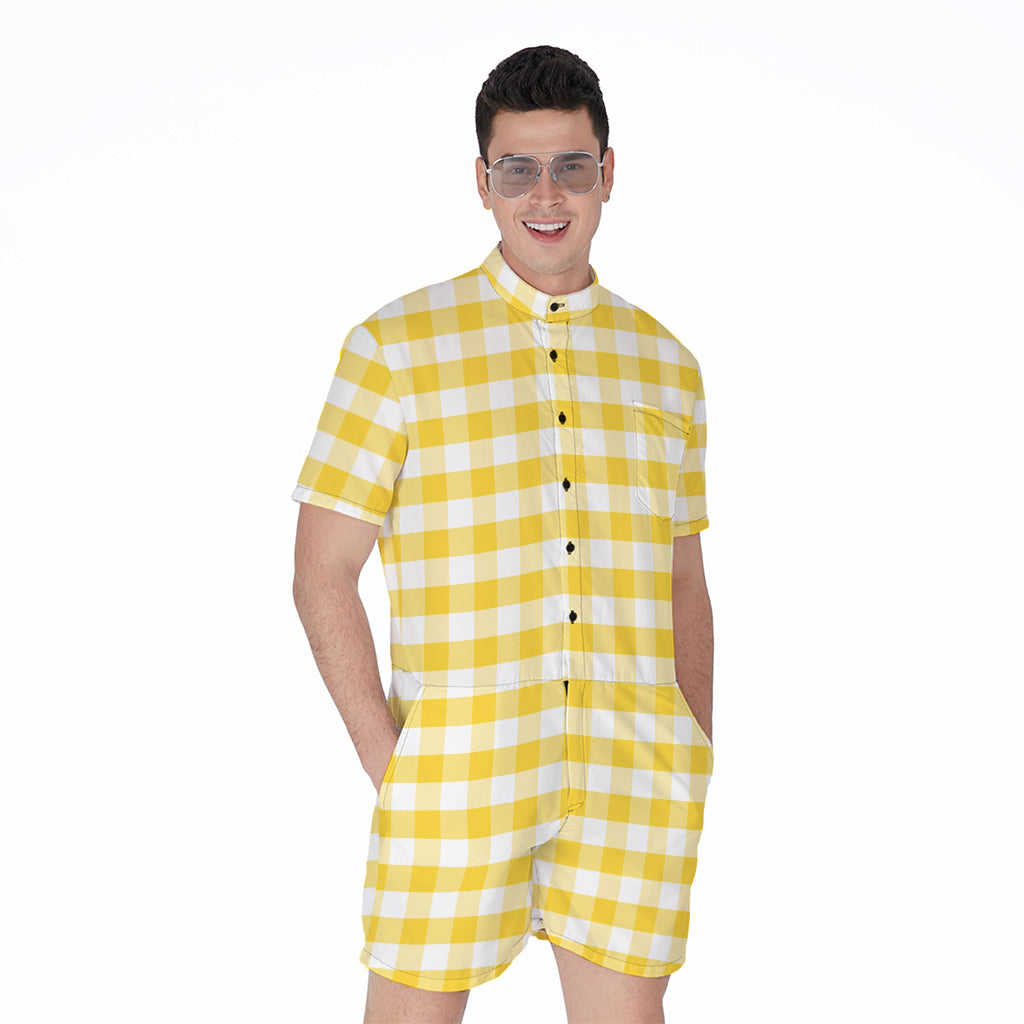 Yellow And White Gingham Pattern Print Men's Rompers