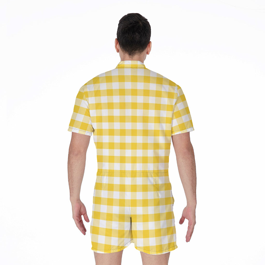 Yellow And White Gingham Pattern Print Men's Rompers