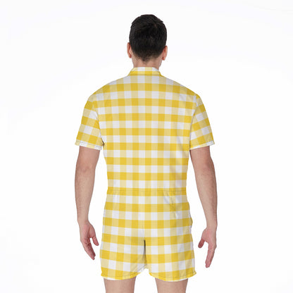 Yellow And White Gingham Pattern Print Men's Rompers
