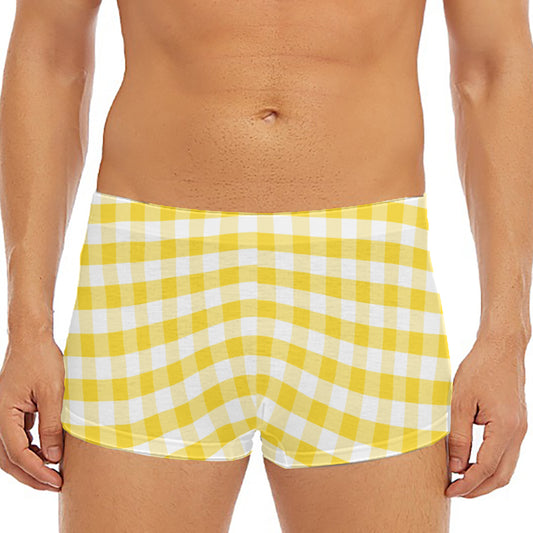 Yellow And White Gingham Pattern Print Men's Short Boxer Briefs