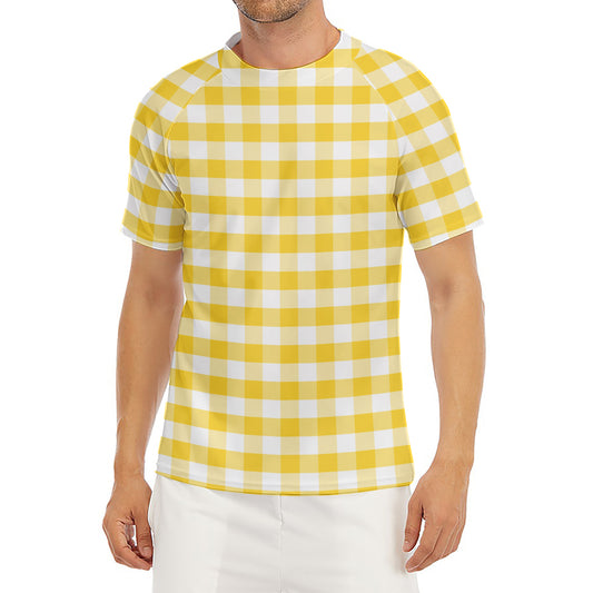 Yellow And White Gingham Pattern Print Men's Short Sleeve Rash Guard