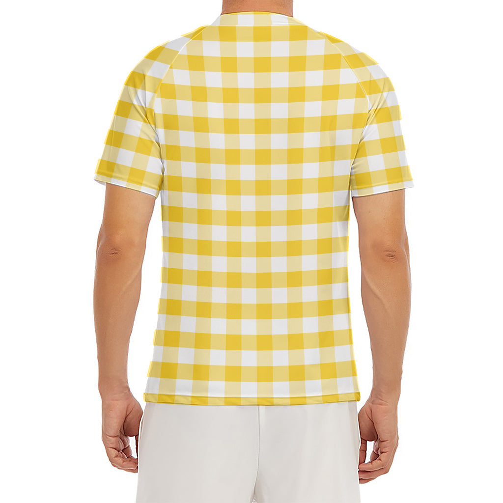 Yellow And White Gingham Pattern Print Men's Short Sleeve Rash Guard