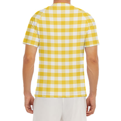 Yellow And White Gingham Pattern Print Men's Short Sleeve Rash Guard