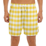 Yellow And White Gingham Pattern Print Men's Split Running Shorts