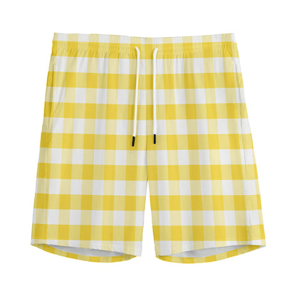 Yellow And White Gingham Pattern Print Men's Sports Shorts