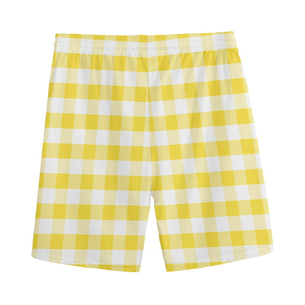 Yellow And White Gingham Pattern Print Men's Sports Shorts
