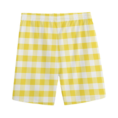Yellow And White Gingham Pattern Print Men's Sports Shorts