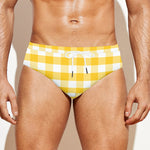 Yellow And White Gingham Pattern Print Men's Swim Briefs