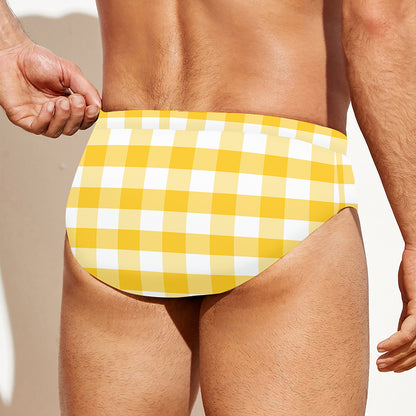 Yellow And White Gingham Pattern Print Men's Swim Briefs
