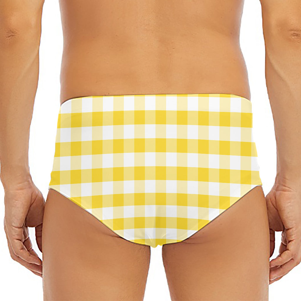 Yellow And White Gingham Pattern Print Men's Triangle Swim Briefs