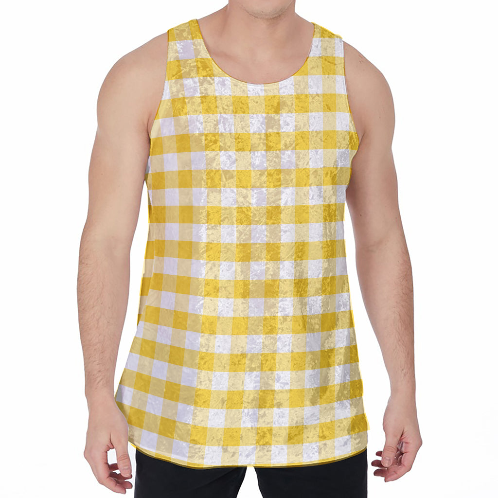 Yellow And White Gingham Pattern Print Men's Velvet Tank Top