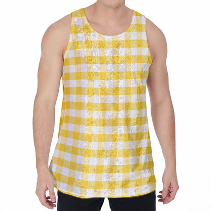 Yellow And White Gingham Pattern Print Men's Velvet Tank Top