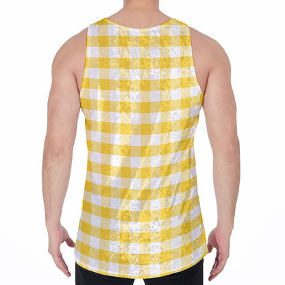 Yellow And White Gingham Pattern Print Men's Velvet Tank Top